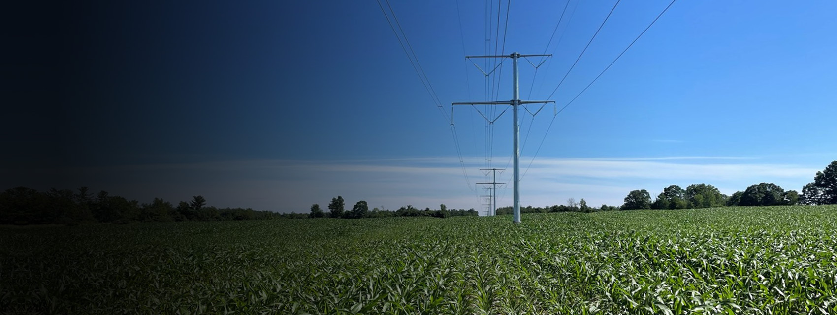 Transmission towers in a large green field.
